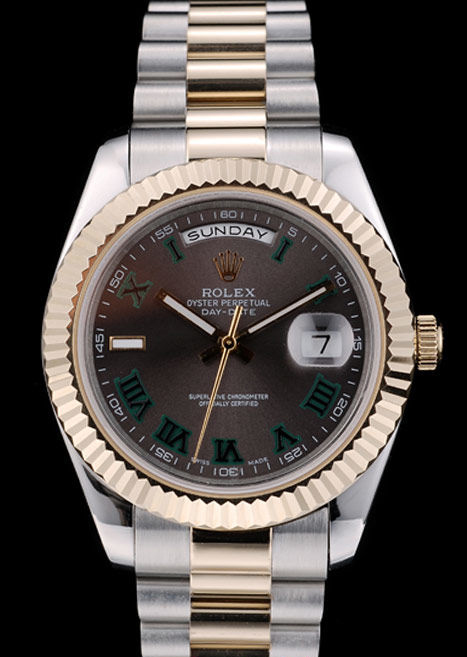 Rolex Swiss DayDate Gold Stainless Steel Ribbed Bezel Grey Dial 41909