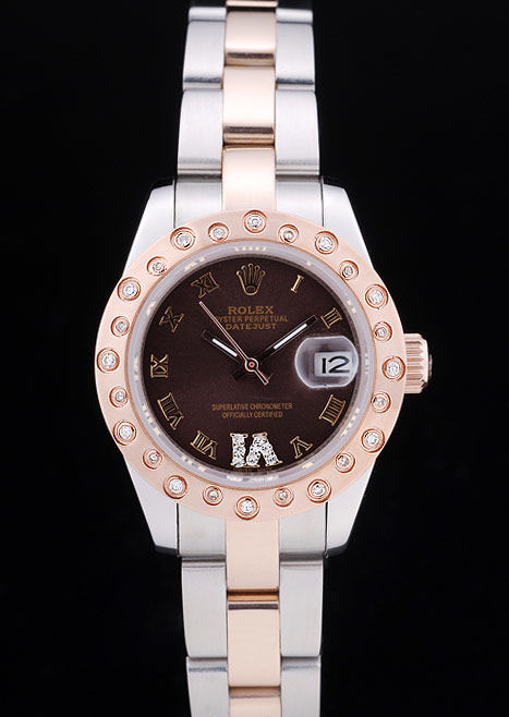Rolex Datejust Diamonds Rose Gold Polished Bezel Brown Dial 7475